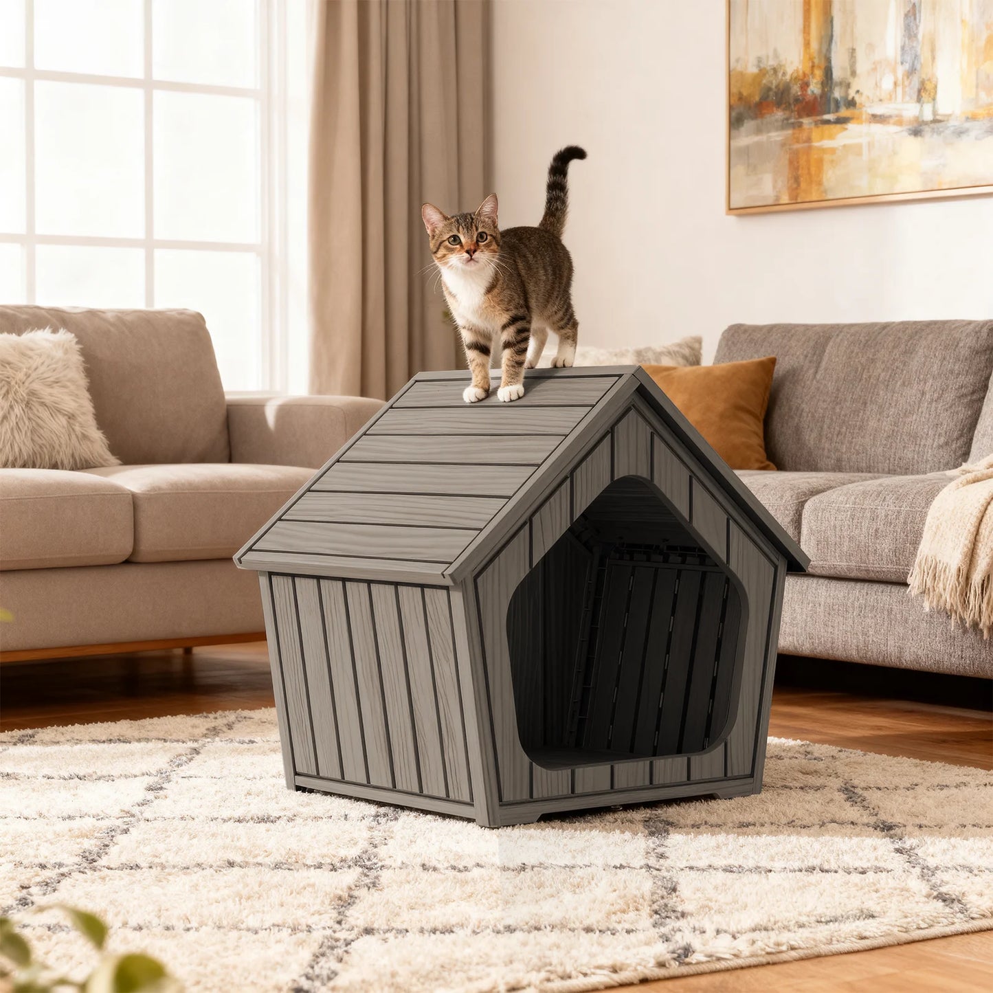 Gable Roof Plastic Pet House, Waterproof Outdoor Dog Shelter, Ventilated Pet Cabin for Backyard Garden