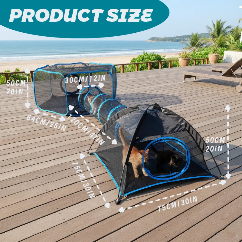 3-in-1 Portable Mesh Pet Fence Playhouse Multi-Animal Cage with Tunnel Indoor Outdoor Easy Setup for Cats And Small Animals