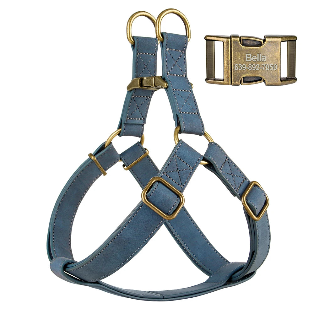Custom PU Leather Harness And Leash Engraved Dog ID Buckle Harnesses Vest Pet Leading Rope Durable For Small Medium Dogs Bulldog