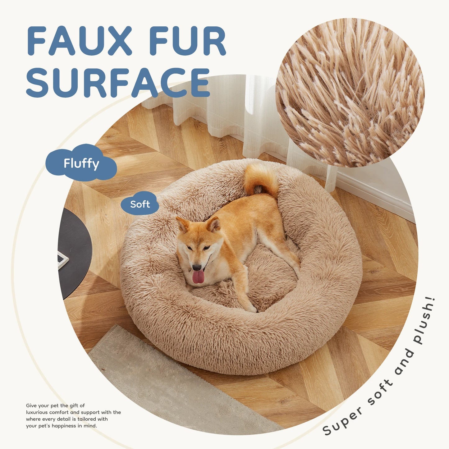 MCQ Round Faux Fur Plush Dog Bed Anti-Slip Machine Washable Cuddler Warming Cozy Fluffy Pet Bed for Indoor