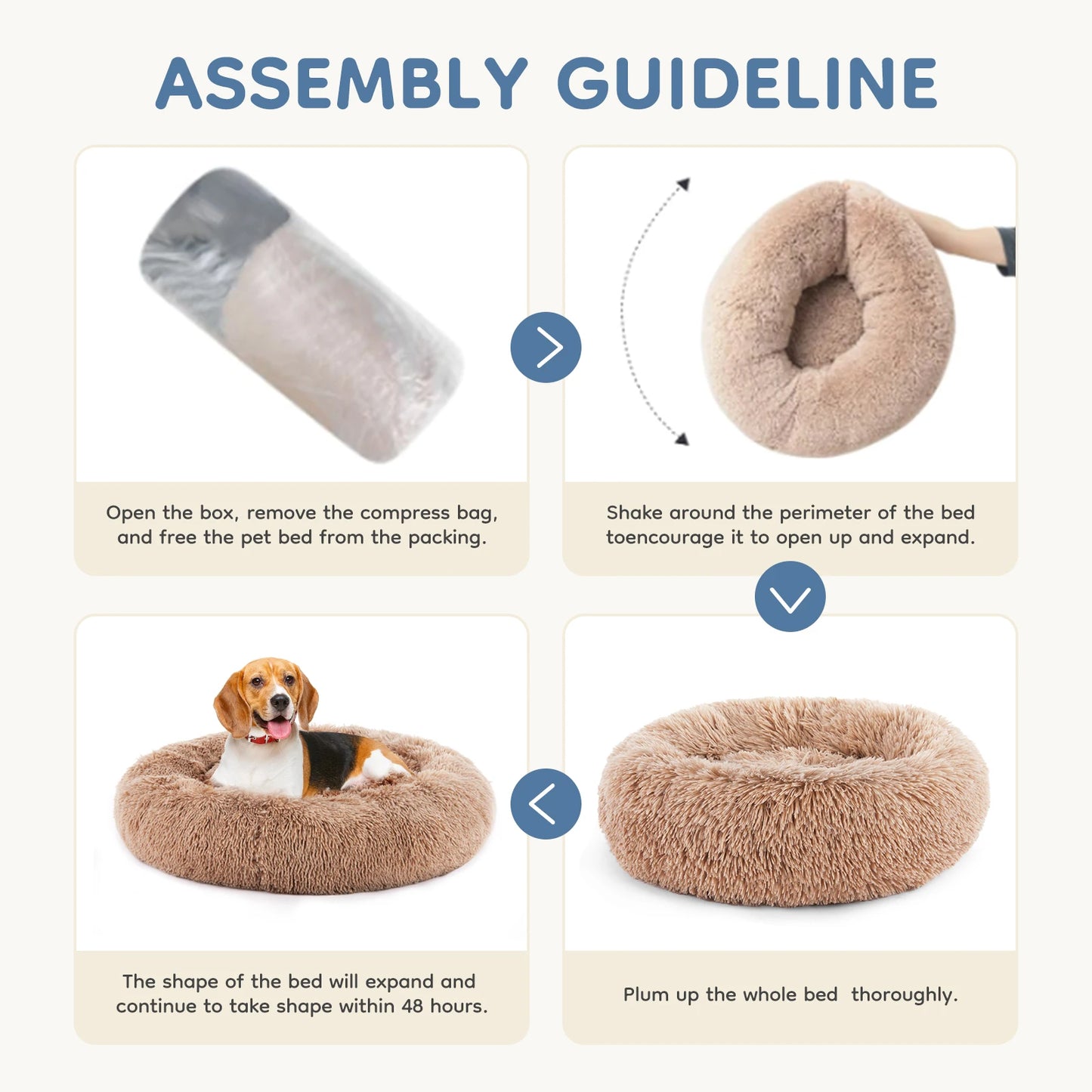 MCQ Round Faux Fur Plush Dog Bed Anti-Slip Machine Washable Cuddler Warming Cozy Fluffy Pet Bed for Indoor