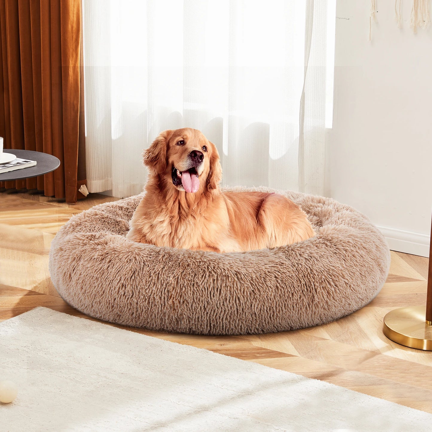 MCQ Round Faux Fur Plush Dog Bed Anti-Slip Machine Washable Cuddler Warming Cozy Fluffy Pet Bed for Indoor