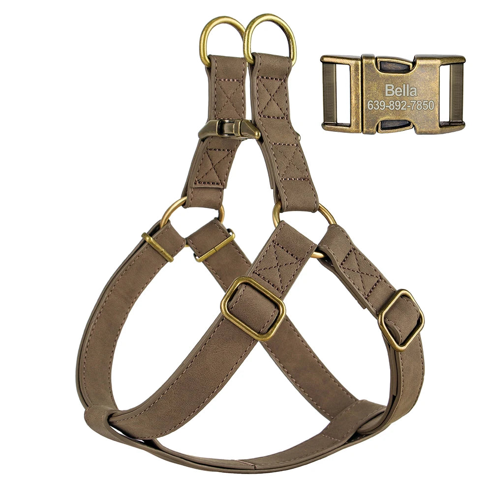 Custom PU Leather Harness And Leash Engraved Dog ID Buckle Harnesses Vest Pet Leading Rope Durable For Small Medium Dogs Bulldog