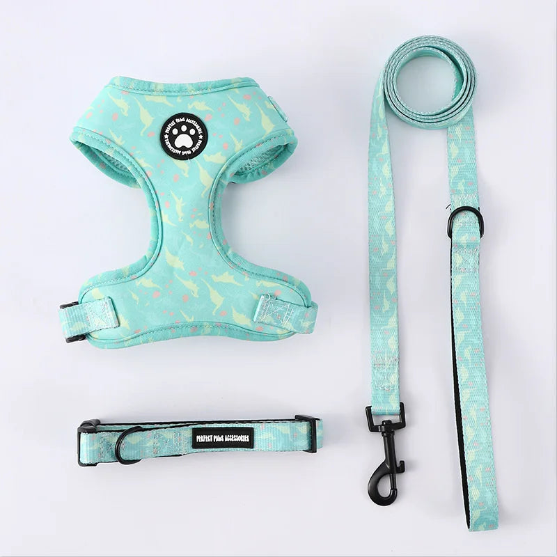Adjustable Dog Harness And Leash Set Soft Chest Vest With Press Buckle Cute Print Comfortable Pet Harness Collar Lead For Dogs