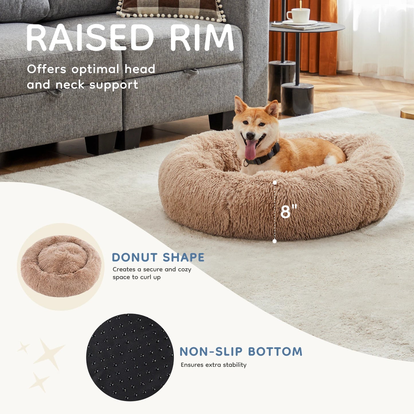 MCQ Round Faux Fur Plush Dog Bed Anti-Slip Machine Washable Cuddler Warming Cozy Fluffy Pet Bed for Indoor