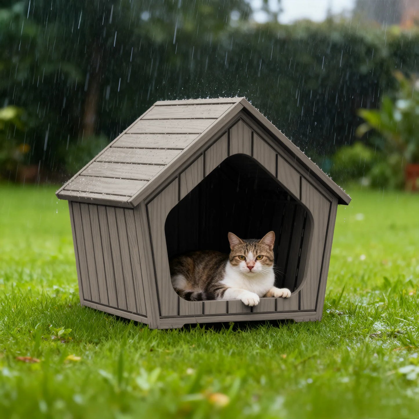 Gable Roof Plastic Pet House, Waterproof Outdoor Dog Shelter, Ventilated Pet Cabin for Backyard Garden