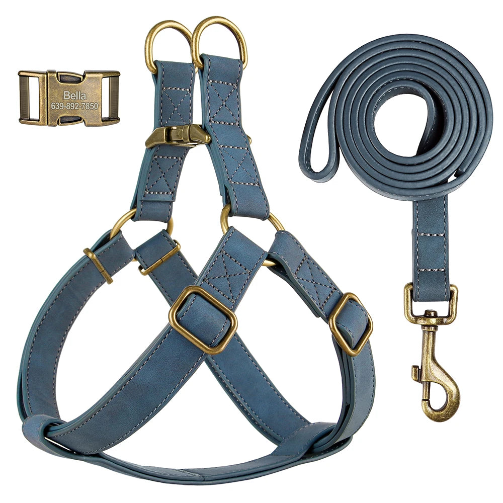 Custom PU Leather Harness And Leash Engraved Dog ID Buckle Harnesses Vest Pet Leading Rope Durable For Small Medium Dogs Bulldog