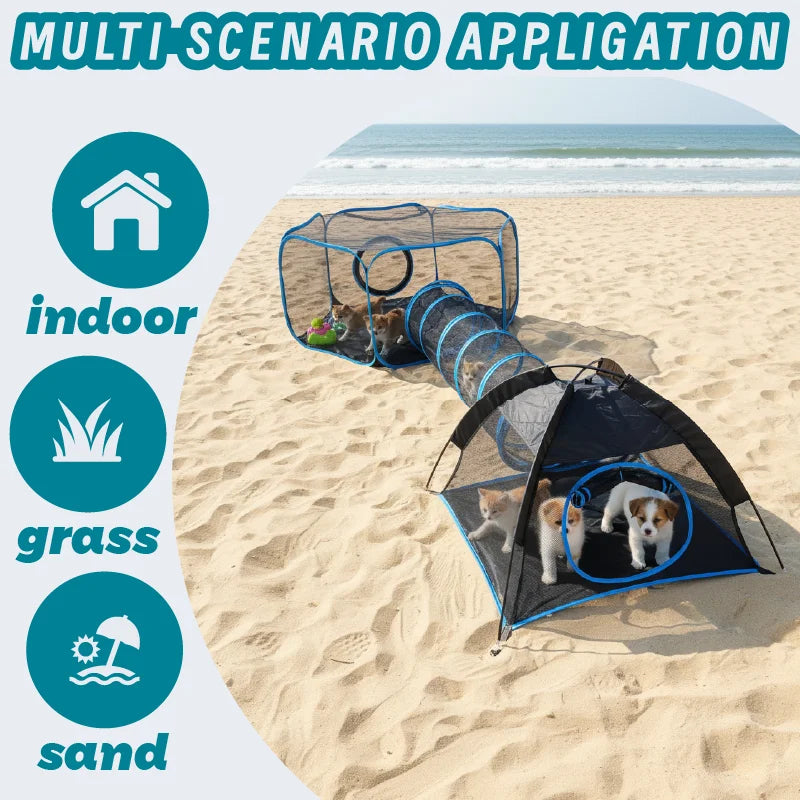 3-in-1 Portable Mesh Pet Fence Playhouse Multi-Animal Cage with Tunnel Indoor Outdoor Easy Setup for Cats And Small Animals